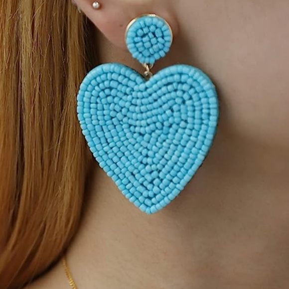 Handmade Large Sky Blue Heart Beaded Earrings Seed Beads Statement Jewelry New - Picture 3 of 5